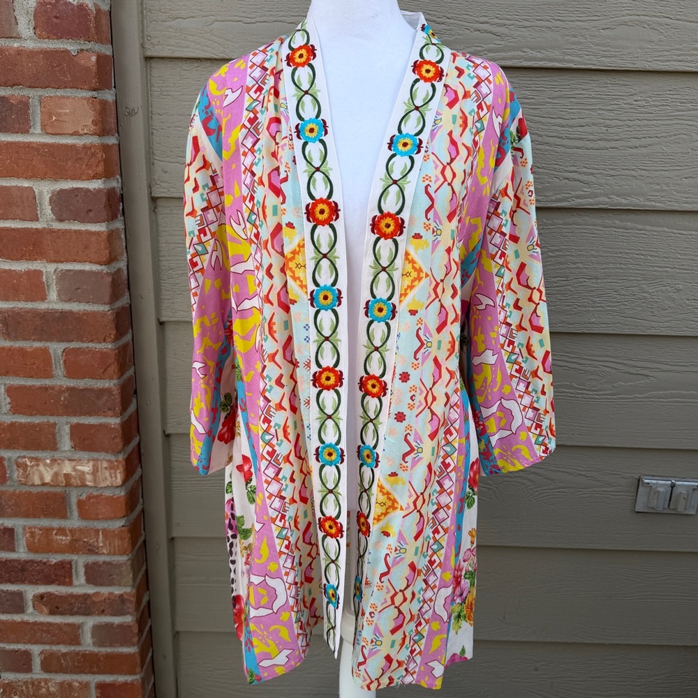 Angel Heart Boutique Embroidered Kimono Style Open Robe Duster Multicolor O/S - Picture 2 of 16